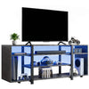 [Black Marble] Zelumi TV stand on white background with TV placed on top, blue LED shelves loaded with gaming consoles, VR gear and game cases