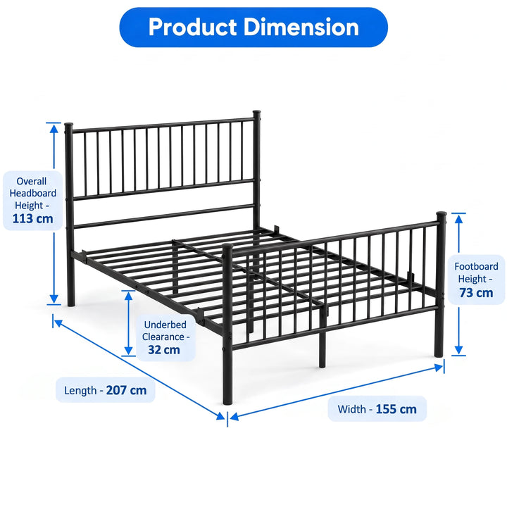 [Black | King] size diagram showing 155x207cm frame, 113cm headboard, 73cm footboard, and 32cm under-bed clearance.