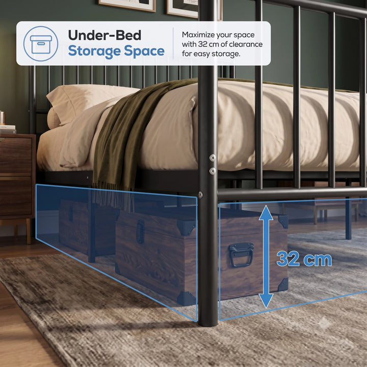 [Black | King] storage graphic showing wooden trunks beneath the bed, with blue shading and a 32cm clearance arrow.
