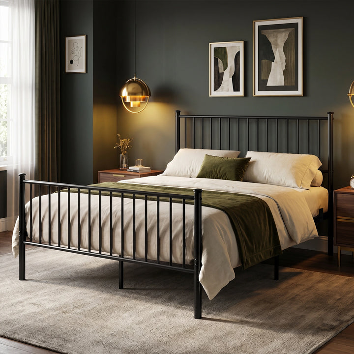 [Black | King] angled bed view showing vertical bars, cream bedding, an olive throw, framed art, and wooden bedside tables.