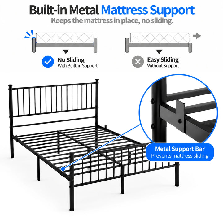 [Black | King] mattress support graphic showing metal slats, a raised stop close-up, and sliding comparison diagrams.