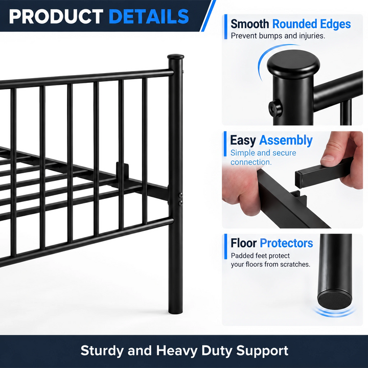 [Black | King] detail graphic showing a rounded post cap, hands joining frame parts, and a padded foot close-up.
