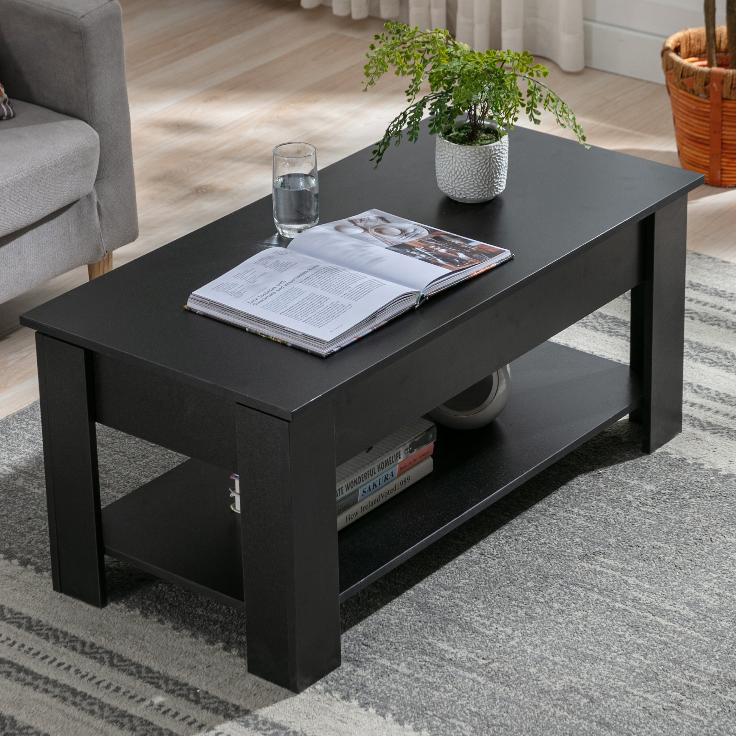 Black modern coffee table with open shelf storage and sleek design, ideal for  living rooms