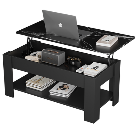 Black modern coffee table with marble lift-top surface and spacious storage shelf.