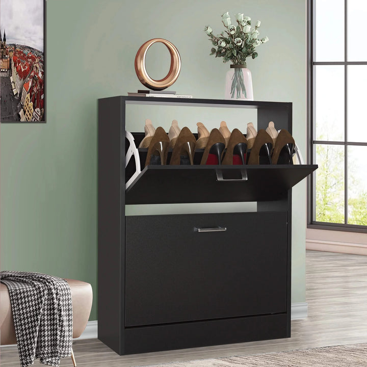 [Black] Black shoe cabinet 2 door with the top pull-down drawer open with art piece and a potted plant displayed on top.