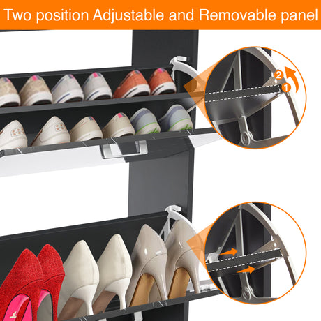 Footwear cupboard doors are shown open, clearly displaying the flexible inner dividers suited for high ankle shoes.