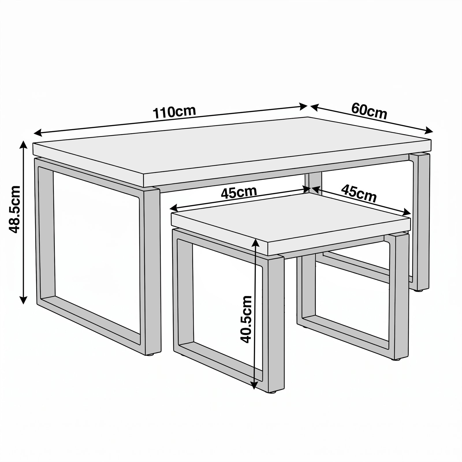 [Black] Nestline technical line drawing showing table widths, heights, and nested stool proportions