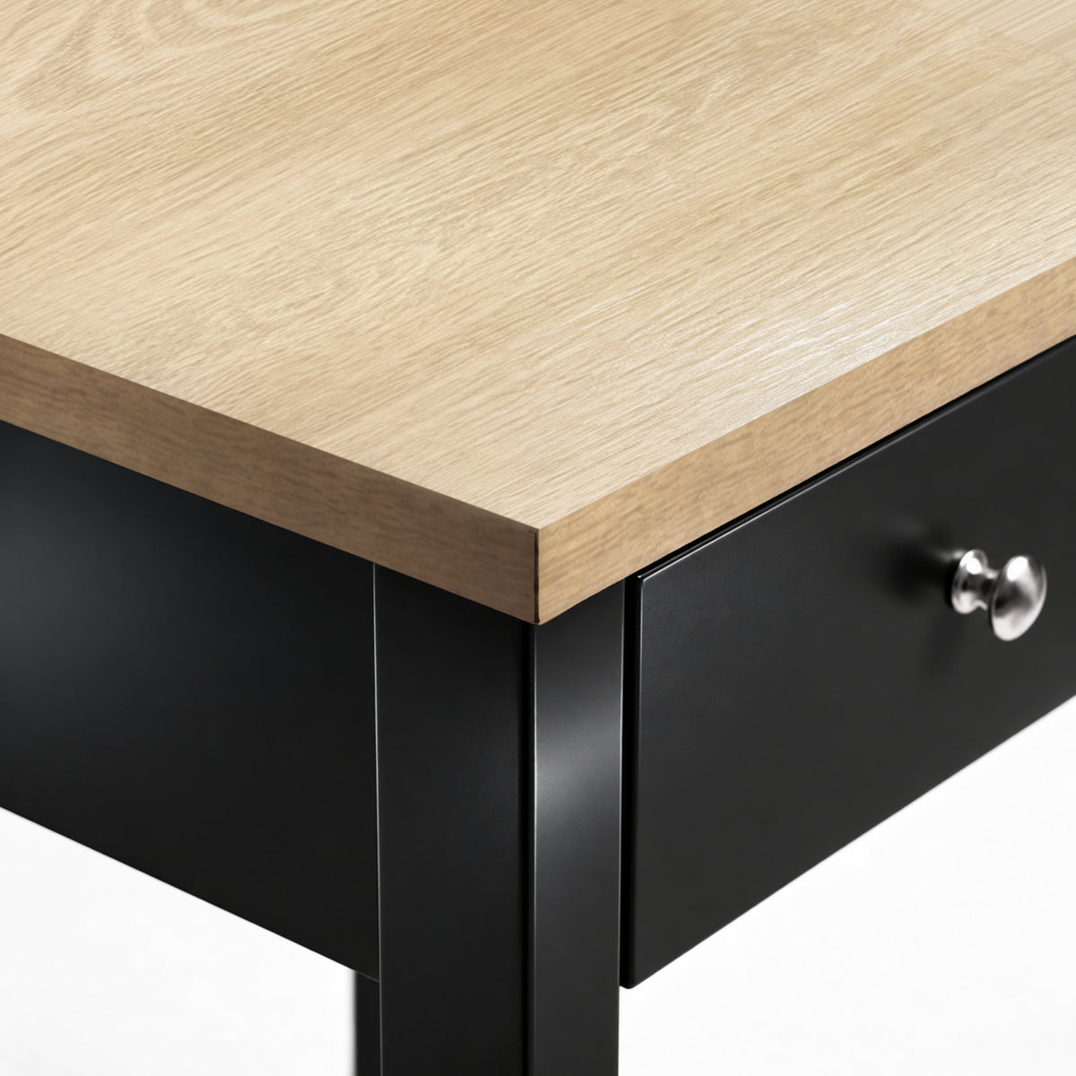 [Black] Close-up of the oak-effect top edge, drawer front and round metal knob