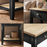 [Black] 4-panel detail collage showcasing knob, legs, shelf, and oak top on Black Shaker Bedside Table.