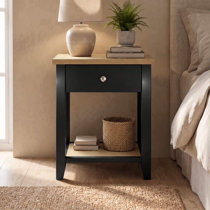 [Black] Front view of Black Shaker Bedside Table showing single drawer and lower open storage shelf.