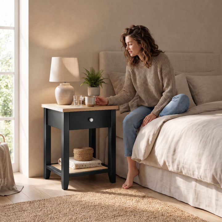 [Black] Lifestyle view of Black Shaker Bedside Table placed next to a modern upholstered bed.