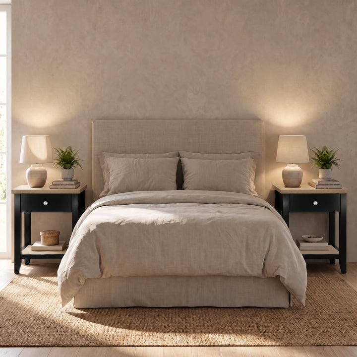 [Black] Full bedroom setup featuring two Black Shaker Bedside Tables placed beside a neutral bed.