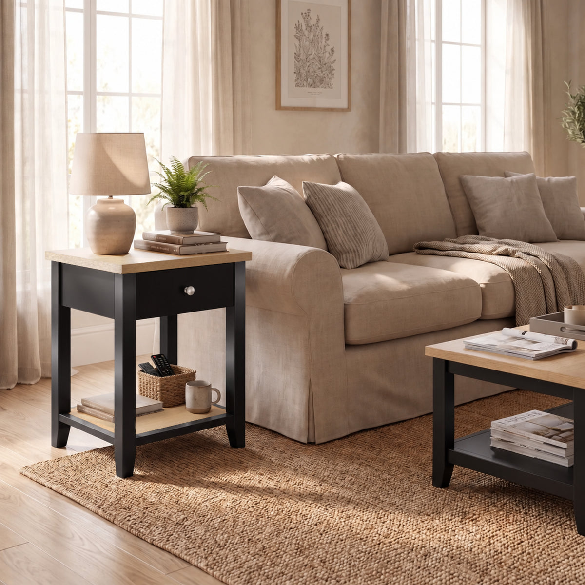[Black] Black Shaker Bedside Table styled as a living room end table beside a modern sofa.