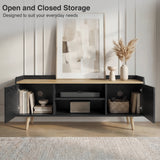 [Black] Larvik TV unit with both side doors open showing books on left, soundbar centre and woven basket right