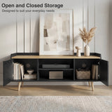 [Black] Larvik TV unit with both side doors open showing books on left, soundbar centre and woven basket right