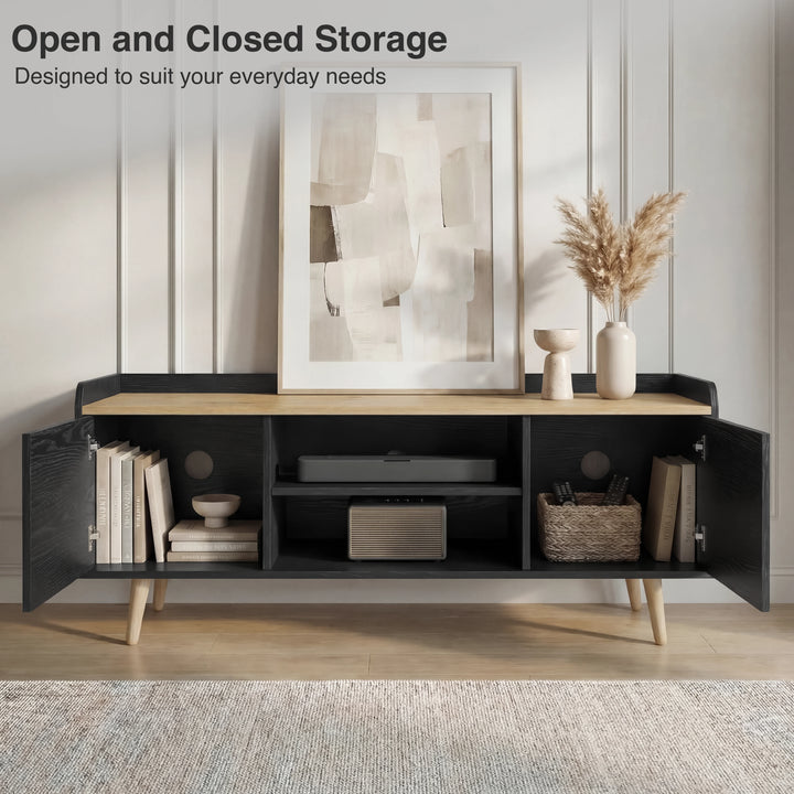 [Black] Larvik TV unit with both side doors open showing books on left, soundbar centre and woven basket right