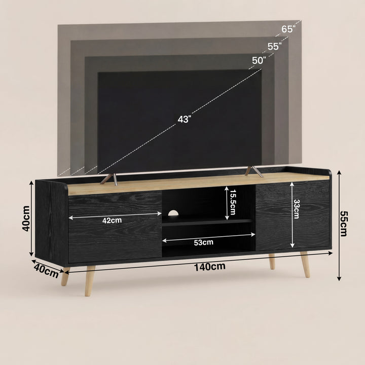 [Black] Larvik TV unit schematic showing 140x40x55cm and TV diagonal markers at 43, 50, 55 and 65 inches