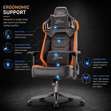 [Black + Orange] An ergonomic gaming chair shown on a dark background with text callouts highlighting support features such as neck, shoulder, back, lumbar, and hip pain relief.