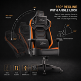 [Black + Orange] gaming chair with feature callouts including 150° recline with angle lock, tilt mechanism, SGS gas lift, 7cm height, 4D armrests, and angle lock.