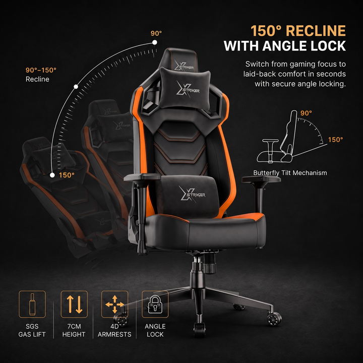 [Black + Orange] gaming chair with feature callouts including 150° recline with angle lock, tilt mechanism, SGS gas lift, 7cm height, 4D armrests, and angle lock.