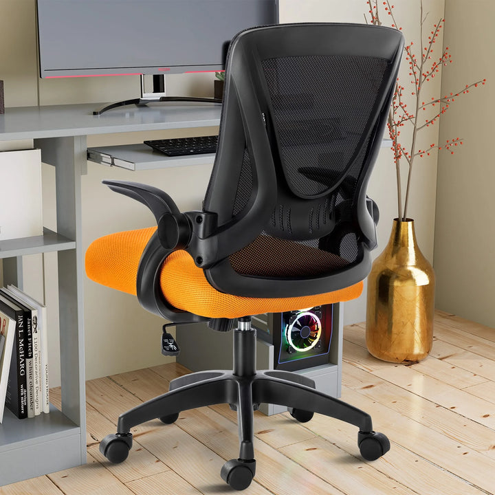 [Black + Orange] Back view of a small office chair featuring a breathable mesh backrest, designed for ergonomic use at your workstation.