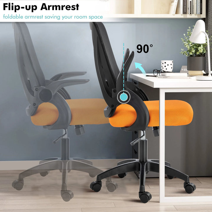 [Black + Orange] Small office task chair with flip-up armrests, ideal for saving space in your home office setup.