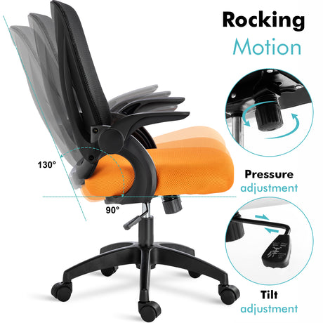 Black and orange swivel desk chair with adjustable height, tilt lock, and recline features, perfect for ergonomic comfort.