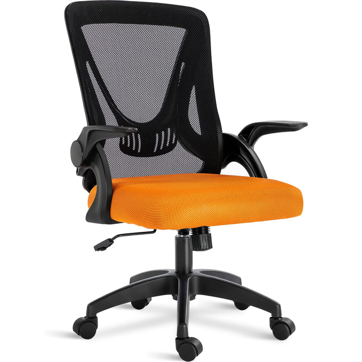 [Black + Orange] Black and orange comfortable chair with padded seat, mesh backrest, and adjustable height, providing full ergonomic support.