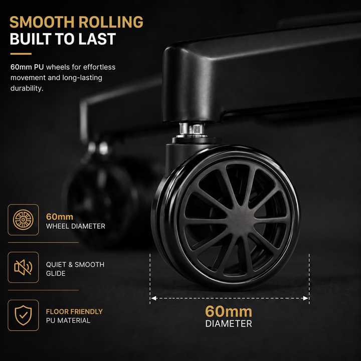 [Black + Orange] Close-up of a black rolling cart wheel with text callouts reading 60mm wheel diameter and 60mm diameter.