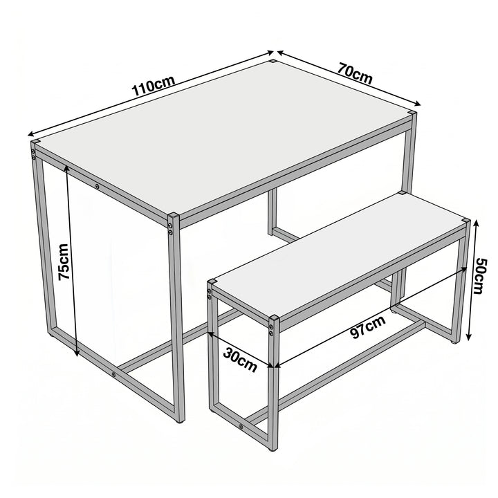 [Black] Orvak Dining Table with Bench Set technical drawing showing table and bench dimensions with measurements