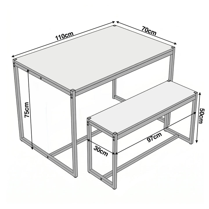 [Black] Orvak Dining Table with Bench Set technical drawing showing table and bench dimensions with measurements