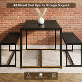 [Black] Orvak dining table with two benches showing additional steel pipe cross-brace support highlighted on the black metal frame base