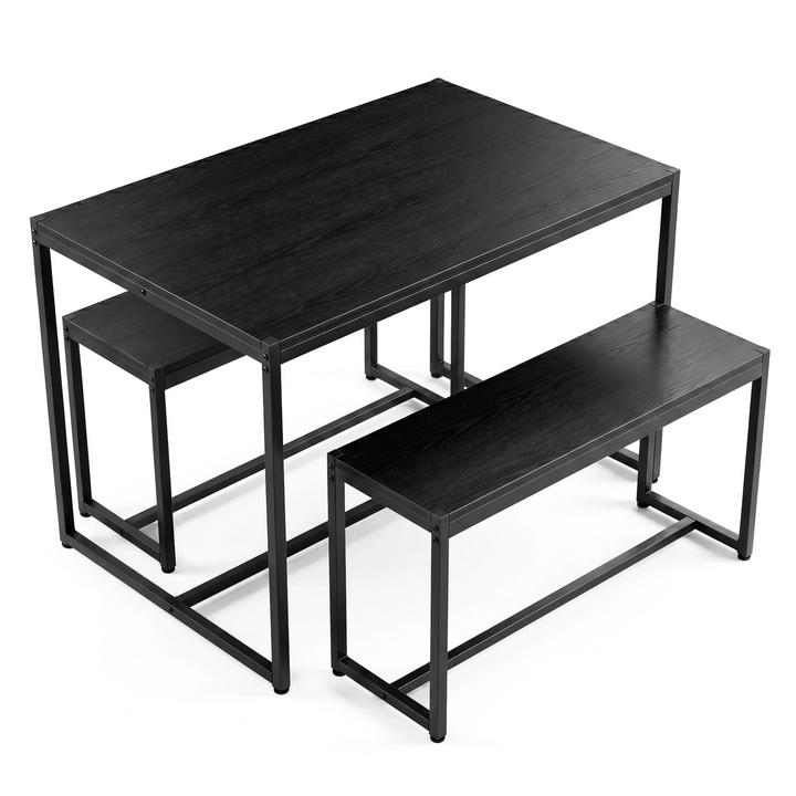 [Black] Orvak Dining Table with Bench Set on white background showing table with two benches tucked underneath