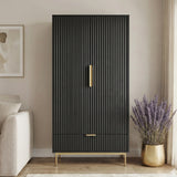[Black]  painted 2 door wardrobe with integrated lower drawer in modern room setting with natural lighting