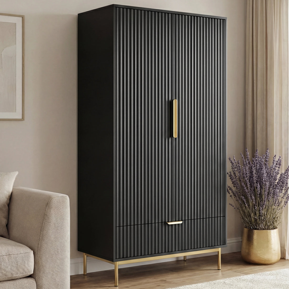 [Black] double door wardrobe cabinet with vertical panel design, golden handles and a lower drawer