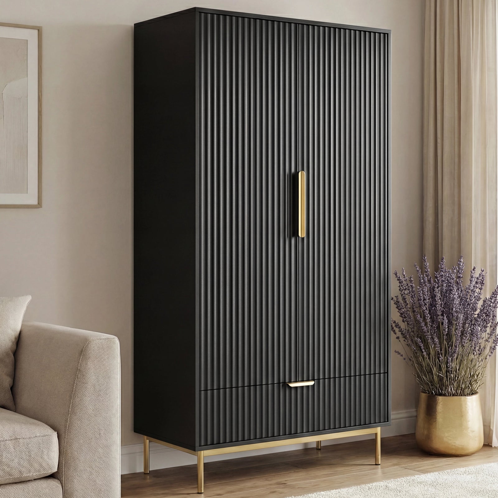 [Black] double door wardrobe cabinet with vertical panel design, golden handles and a lower drawer