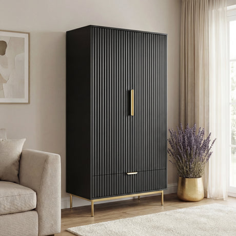 Black double door wardrobe cabinet with vertical panel design, golden handles and a lower drawer