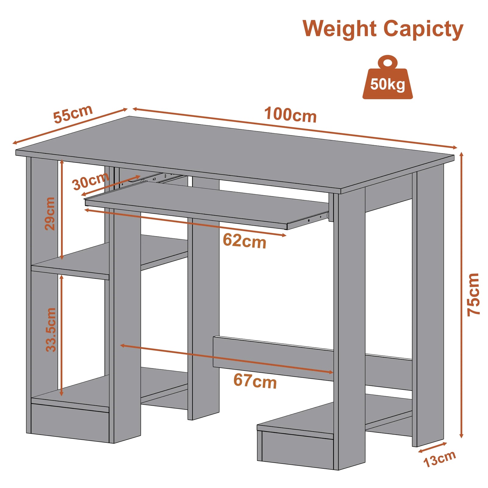 [Grey] Dimensions drawing of home office desk: top 100x55cm, height 75cm, base shelf 67x13cm, 50kg load