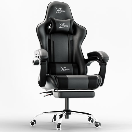 Xstriker Gaming Chair With Footrest in black PU leather featuring ergonomic lumbar support, reclining backrest, and padded armrests for home or office use. Ideal for gamers and professionals seeking comfort and style in a PC desk chair.