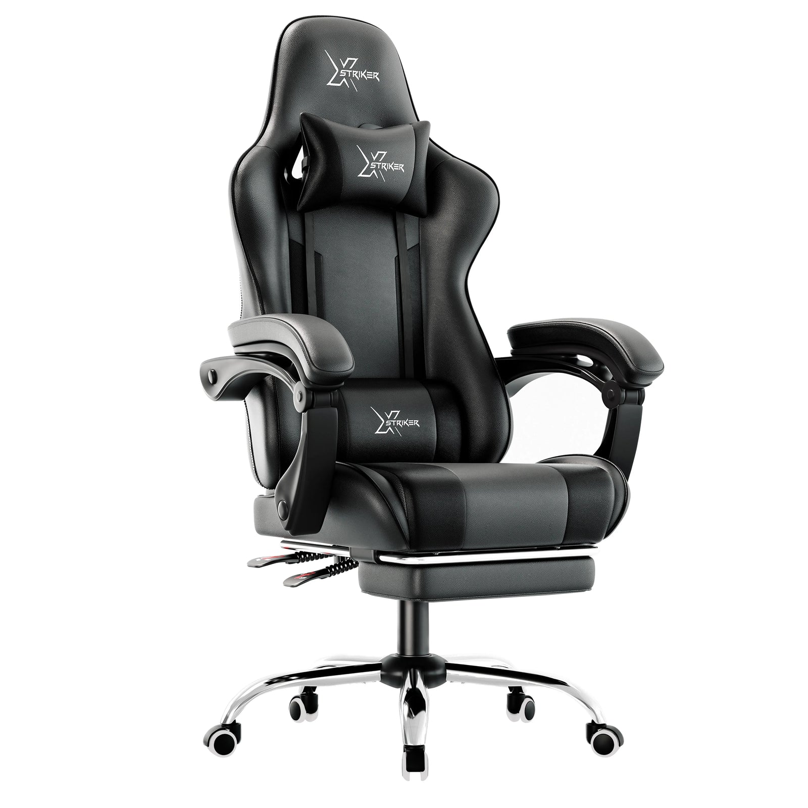 [Black] Xstriker Gaming Chair With Footrest in black PU leather featuring ergonomic lumbar support, reclining backrest, and padded armrests for home or office use. Ideal for gamers and professionals seeking comfort and style in a PC desk chair.