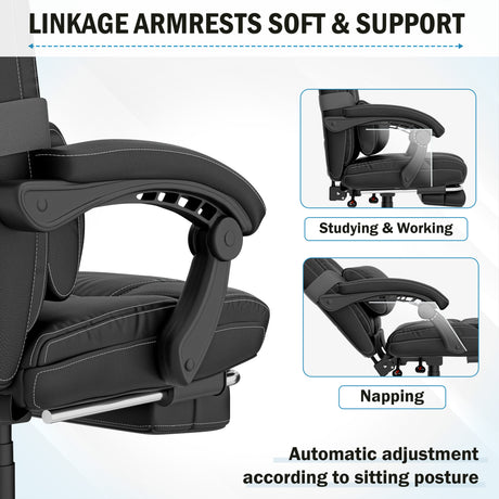 black office chair shown with hinged armrests that move as you recline, plus insets showing their adjustable motion