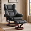 [Black - PU Leather] A black faux-leather recliner chair with a matching footrest, set in a styled living room with beige walls, curtains, and a rug.
