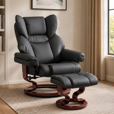 [Black - PU Leather] A black faux-leather recliner chair with a matching footrest, set in a styled living room with beige walls, curtains, and a rug.