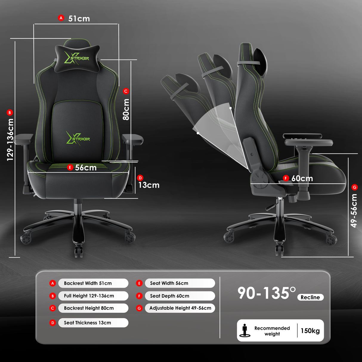 Gaming chair with dimensions and features displayed on a dark background