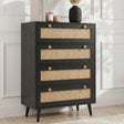 Black] Rattan 4-drawer chest with woven rattan drawer fronts, round oak knobs, and angled black legs