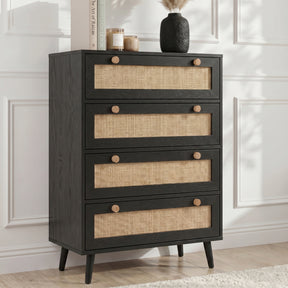 Black] Rattan 4-drawer chest with woven rattan drawer fronts, round oak knobs, and angled black legs