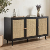 [Black] Rattan three-door sideboard styled with an olive tree, glass carafes, and a dried lavender vase