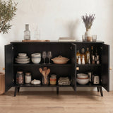 [Black] Rattan sideboard with all three doors open showing shelves styled with dishes, cookware, and pantry jars