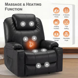 Electric Recliner Chair For Elderly with Heat & Massage in black leather featuring 8 massage points, heating function, and adjustable angle for comfort.