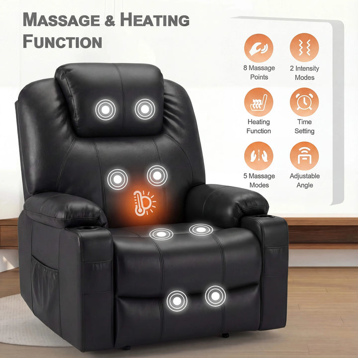 [Black] Electric Recliner Chair For Elderly with Heat & Massage in black leather featuring 8 massage points, heating function, and adjustable angle for comfort